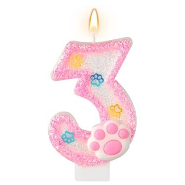 Imagem de AKURIEEY Vela de aniversário de 3 anos para cães e gatos, números rosa, 3 velas, enfeite de bolo de pata, decorações de cupcake para decoração de festa com tema de animais de estimação, artigos de