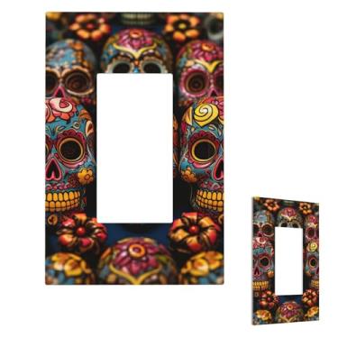 Imagem de Placas de parede coloridas com caveiras de açúcar, capas de tomada decorativas, tamanho padrão, 1 gangue 7,6 cm x 12,7 cm, placa frontal de plástico para decoração de quarto e casa