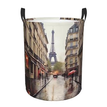 Imagem de Rainy Street In Paris Cesto de lavanderia dobrável à prova d'água cesto de armazenamento de roupas com alças pano oxford organizador de brinquedos cesta para banheiro, lavanderia, quarto, médio