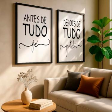 Imagem de Kit 2 Quadros Decorativos Frases Fé Gratidão Inspiracional Minimalista Preto Branco Parede Sala Com Moldura