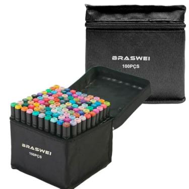 Imagem de kit canetinha colorida 100 cores Braswei canetas marcadoras ponta dupla