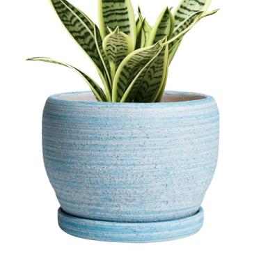 Imagem de SQOWL Vaso de plantas de 15 cm - Vaso de cerâmica com orifício de drenagem e pires, vaso de suculentas redondo para plantas internas e externas, azul escovado