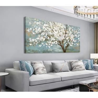 Imagem de Shoci Arte de parede de ramo de flor - imagem grande em tela floral branca creme estética flor marrom ramo de árvore impressões decoração retrô plantas azul-petróleo arte para sala de estar quarto