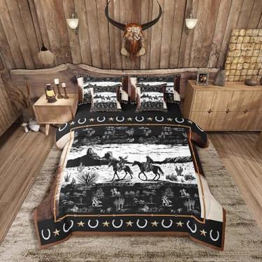 Imagem de Feelyou Conjunto de edredom asteca ocidental de 7 peças, conjunto de cama king size, caubói, rústico, decoração ocidental, campo, velho oeste, cama em uma bolsa, preto e branco, conjunto de lençóis