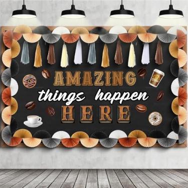 Imagem de Qilery Decoração de quadro de avisos para sala de aula de café Amazing Things Happen Here quadro de avisos recortes de papel guirlandas para decoração de quadro negro de volta às aulas ensino