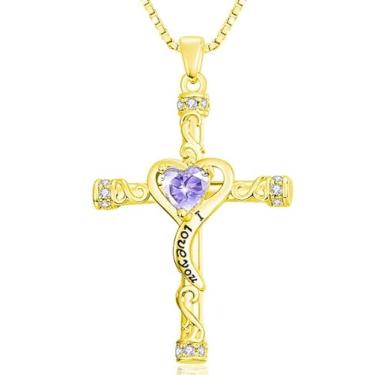 Imagem de VANAODUC Colar feminino com cruz de pedra do mês de nascimento, ouro 14K, ouro branco 18K, ouro rosa, pingente feminino I Love You, presente de aniversário e Natal para sua mãe, esposa, namorada
