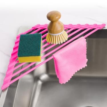Imagem de Tomorotec Escorredor de pratos triangular compacto revestido de silicone para canto da pia - organizador e prateleira de armazenamento dobrável sobre a pia de aço inoxidável (rosa choque)