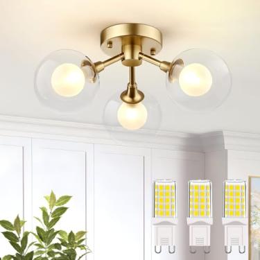 Imagem de ZSANZYU Luminária De Teto Sputnik, Luminária De Teto De 3 Lâmpadas, Luminária De Teto Semi-Embutida Dourada, Luminária De Teto Moderna De Globo De Vidro Transparente Para Corredor, Escada, Varanda,
