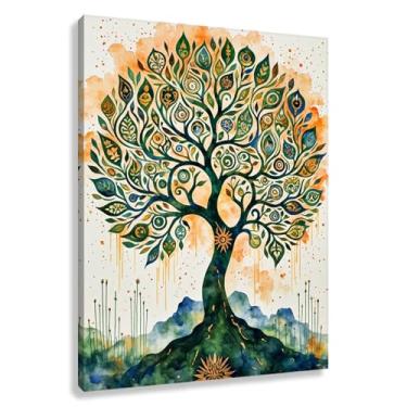 Imagem de Árvore da Vida Arte de Parede Impressão em Tela Verde Laranja Decoração Crescimento Espiritual Raízes Design 75x100cmx1