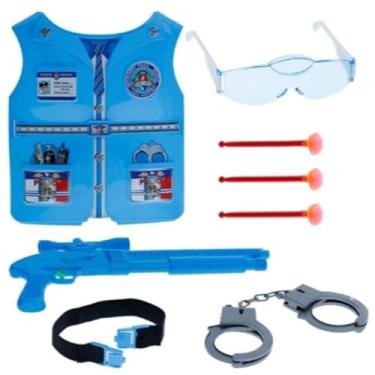 Imagem de Kit Policial faz de Conta Brinquedos Resistente Infantil conjunto Policial Infantil, Brinquedo com Colete, Algema, Arma de Brinquedo, Óculos, 7 Peças, Azul