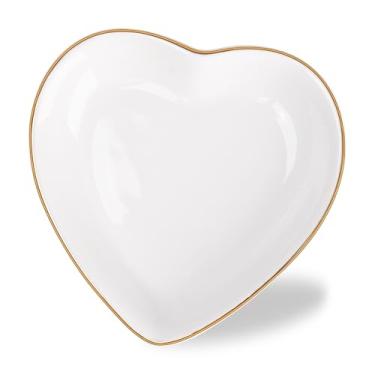 Imagem de QUELIEN Prato de cerâmica em forma de coração - Prato de joias brancas elegantes para anéis e brincos, bandeja de anel de coração com aro dourado - presente de amizade para mulheres, perfeito para