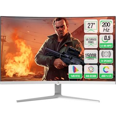 Imagem de GAMEPOWER Monitor de jogos T50 27 polegadas 1500R branco curvo, 200Hz 1080p, Full HD, tempo de resposta de 0,5 ms, painel VA, FreeSync, HDR, 125% sRGB, luz de fundo RGB, alto-falantes duplos, moldura