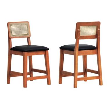 Imagem de Kit 2 Banquetas Baixa/Cadeira Gabi Madeira Maciça Encosto Telinha - Amêndoa - Assento Estofado Corano Preto