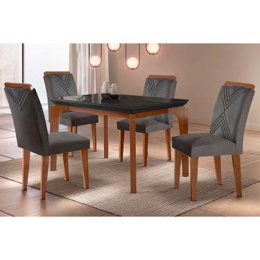 Imagem de Conjunto: Mesa Sala Jantar Londrina c/ Tampo Madeirado c/ Vidro Canto Reto 120x80cm e 4 cadeiras Amsterdã Imbuia/Grafite - Suede Grafite - Rufato