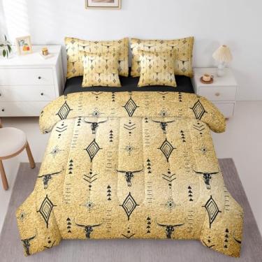 Imagem de Erosebridal Jogo de lençol ocidental de 7 peças, solteiro, com caveira de touro, asteca, para adultos, homens e mulheres, boêmio, chifres abstratos, marrom, decoração de quarto, arte geométrica