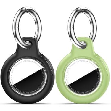 Imagem de Pacote com 2 Airtags de suporte à prova d'água com chaveiro Apple AirTag, capa rígida para PC AirTag, suporte antiarranhões e choques, chaveiros e chaveiros masculinos femininos - preto + verde claro