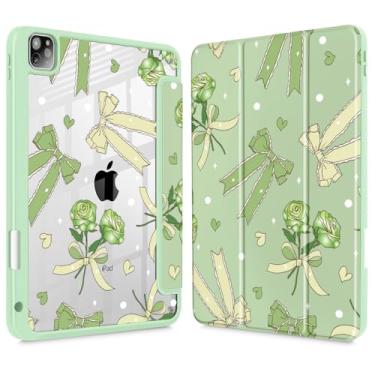 Imagem de Tuiklol Capa para iPad Pro 12,9 polegadas M2 2022 2021 2020 2018 geração 6ª/5ª/4ª/3ª geração, suporte de lápis embutido, capa protetora transparente transparente, laço e verde rosa