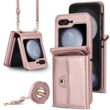 Imagem de Capa de couro com alça de pulso crossbody com suporte de cartão para Samsung Galaxy Z Flip 6 5 4 3 Flip6 Flip5 Flip4 Flip3 Capa carteira, ouro rosa, para Galaxy Z Flip6