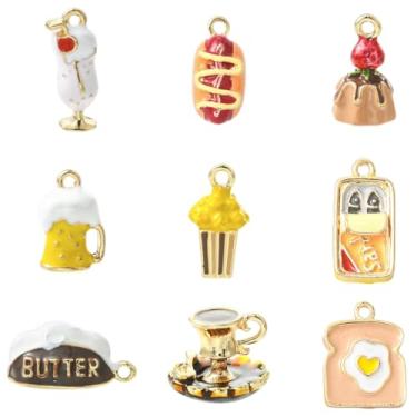Imagem de LiQunSweet 9 peças, 9 estilos, pingentes de imitação de esmalte de comida, bolo, pão, bebida, cerveja, peixe, pipoca, chávena de chá, pingentes para joias, pulseira, colar, brinco, chaveiro, decoração