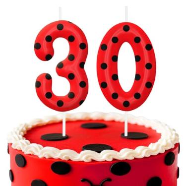 Imagem de Velas de aniversário de joaninha número 30, topo de bolo de bolinhas vermelhas e pretas para meninos e meninas, decorações de aniversário, suprimentos de festa, velas numéricas para decoração de festa