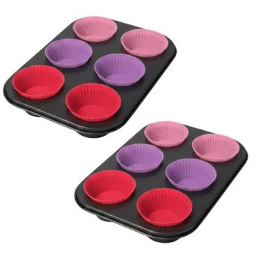 Imagem de Kit 12 Forminhas Silicone + 2 Forma Cupcake Antiaderente Teflon 6 Cavi