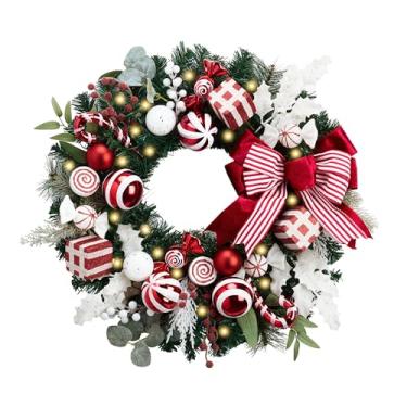 Imagem de Valery Madelyn Guirlanda de Natal pré-iluminada de 61 cm para porta da frente com luzes, guirlanda de Natal grande iluminada com bengala doce com bola de Natal vermelha e branca para decoração de mesa