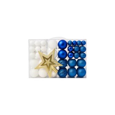 Imagem de 100 Bolas de Natal Lisas/Foscas/Glitter p/Árvore + Ponteira - Azul e Branca