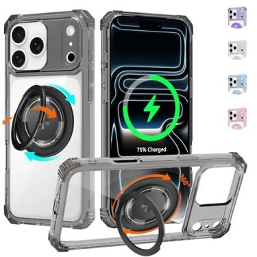 Imagem de WPCase Capa transparente para iPhone 17 Pro Max com suporte [compatível com MagSafe], capa resistente de grau militar com suporte magnético giratório 360 para mulheres e homens, preto transparente