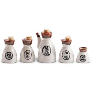 Imagem de Takada Ware Conjunto de 5 recipientes de condimentos de cerâmica | Cerâmica tradicional japonesa | Dispensador de molho de soja, saleiro, pimenteiro, agitador de especiarias Shichimi, porta-palitos |