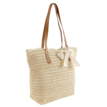 Imagem de Bolsas de praia de palha para mulheres, bolsa de ombro de palha casual de verão com zíper de grande capacidade para férias, Bege