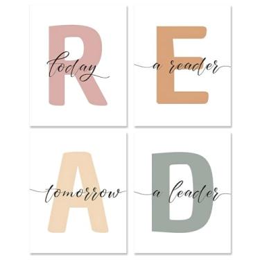 Imagem de Pôster de arte de parede do alfabeto "READ" decoração de sala de aula - 20 x 25 cm impressões em tela sem moldura conjunto de 4, pôsteres de decoração de escola em casa para canto de leitura infantil