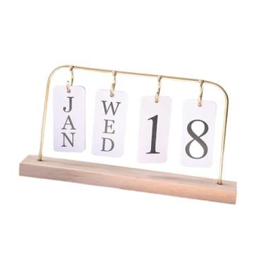 Imagem de harayaa Calendário de mesa de metal reutilizável de madeira flip para escritório, sala de estar, presente para professores e familiares, Ouro
