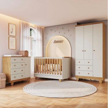 Imagem de Quarto de Bebê Completo Guarda Roupa 3 Portas, Cômoda e Berço Minicama Levy 100% MDF Espresso Móveis Amêndoa/Off White