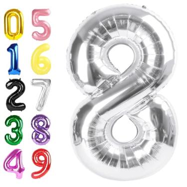 Imagem de 8 Balloon, 40 Inch Silver 8 Year Old Girl Birthday Decorations, Number Balloons Decoration for Happy 8 18 28 80 Birthday, Wedding Anniversary, New Year, Party Decoration