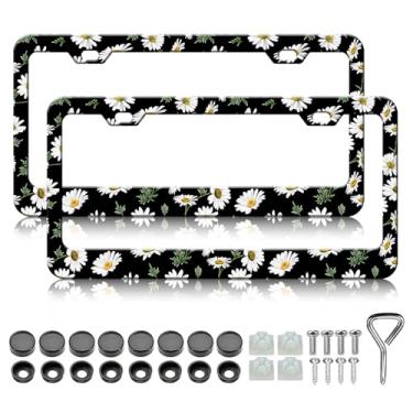 Imagem de Moldura para placa de licença margarida - 2 peças linda margarida floral alumínio metal suporte de placa de licença, à prova de ferrugem, à prova de ferrugem, molduras decorativas para carro