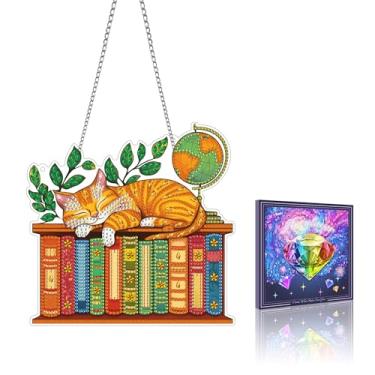 Imagem de VAIIEYO Enfeite para pendurar arte de diamante de gato, pintura de diamante animal, kit de pendurar janela com corrente, pingente de cristal de 19 x 19 cm, artesanato para presente, decoração de