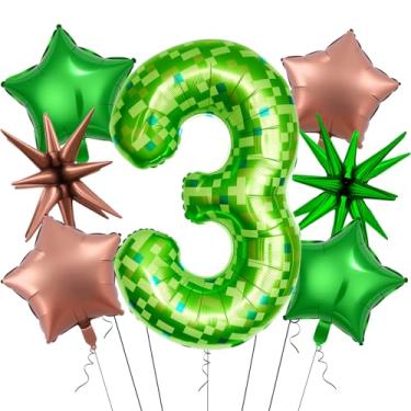 Imagem de 7Pcs 40 inch Green Pixel Pattern Number 3 Balloon Set with Exploding Star and Star Foil Balloons for Birthdays and Themed Parties