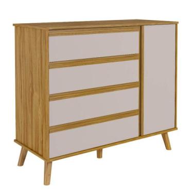 Imagem de Cômoda Bebê Moveis Peroba Theo Retro 04 gavetas 01 porta MDF, Amêndoa 