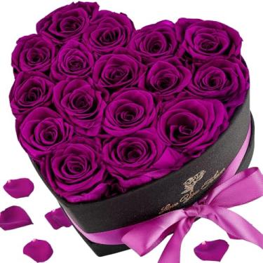 Imagem de Krinzitt Forever Flowers, 16 rosas frescas preservadas em formato de coração para entrega Prime, presentes de dia dos namorados rosa eterna para aniversário dela roxo