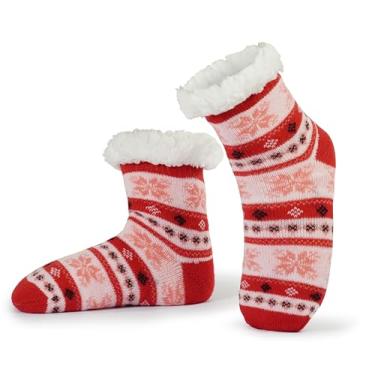 Imagem de Sooneeya Meias infantis antiderrapantes de Natal para meninas, meninos, forro grosso, aconchegante, macio, presentes internos, 1 par de folhas de bordo vermelhas, 8-12 anos