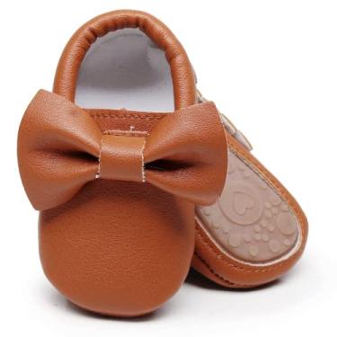 Imagem de HONGTEYA Mocassins para bebês com sola de borracha – Vestido de balé para meninas com estampa floral de couro sintético e borla, Marrom, 0-6 Meses