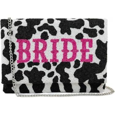Imagem de Pretty Robes BRIDE Bolsa clutch para dia de casamento e despedida de solteira, bolsa de noiva, presente para futura noiva (estampa de vaca)