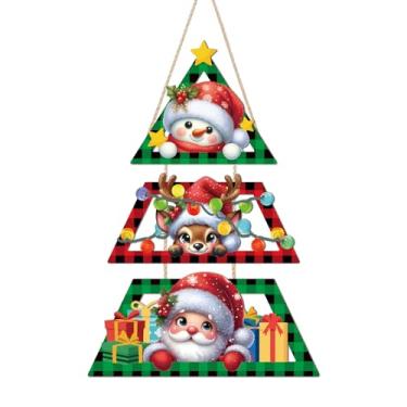 Imagem de HOURIA Placa de madeira xadrez de búfalo Feliz Natal (32 x 44,5 cm), lindo boneco de neve, rena, Papai Noel, decoração de porta de Natal, boas-vindas, para festas, portas, quintas, escritório