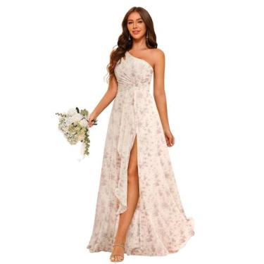 Imagem de Vestido de dama de honra RSOETOO Floral de Chiffon de um ombro com fen