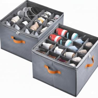 Imagem de Yagizaai Pacote com 2 organizadores de sapatos para armário, caixa de armazenamento dobrável com divisórias ajustáveis, comporta 32 pares, placa Oxford e PP, caixa cinza empilhável com capa
