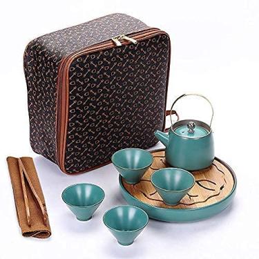 Imagem de Conjunto de chá de chaleira de cerâmica um conjunto de chá de quatro xícaras de viagem Ding Kiln conjunto de chá de cerâmica conveniente esmalte fosco bandeja de chá 200 ml seis conjuntos (Cc)