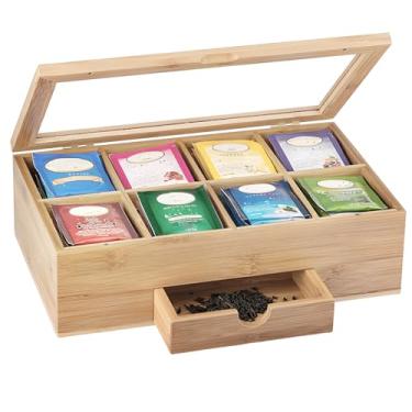 Imagem de Organizador de saquinhos de chá com janela superior de acrílico transparente organizador de caixa de chá de bambu com 8 compartimentos e gaveta retrátil para bancada (cor de tronco)