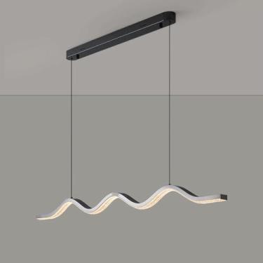 Imagem de YQSLQZZ Lustre de ilha de cozinha preto perolado galvanizado, luminária pendente de restaurante linear de 48 watts, luzes de teto suspensas 3000k-6000k acima da mesa de jantar, altura ajustável
