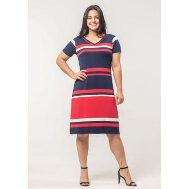 Imagem de Vestido Listrado Pau a Pique Manga Curta Azul Marinho e Vermelho