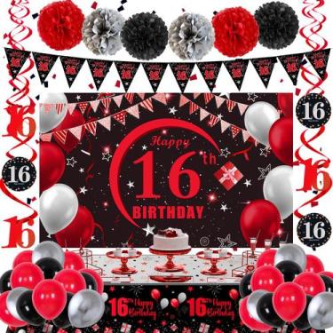 Imagem de Decorações de aniversário do 16º aniversário de Puchod em vermelho e p